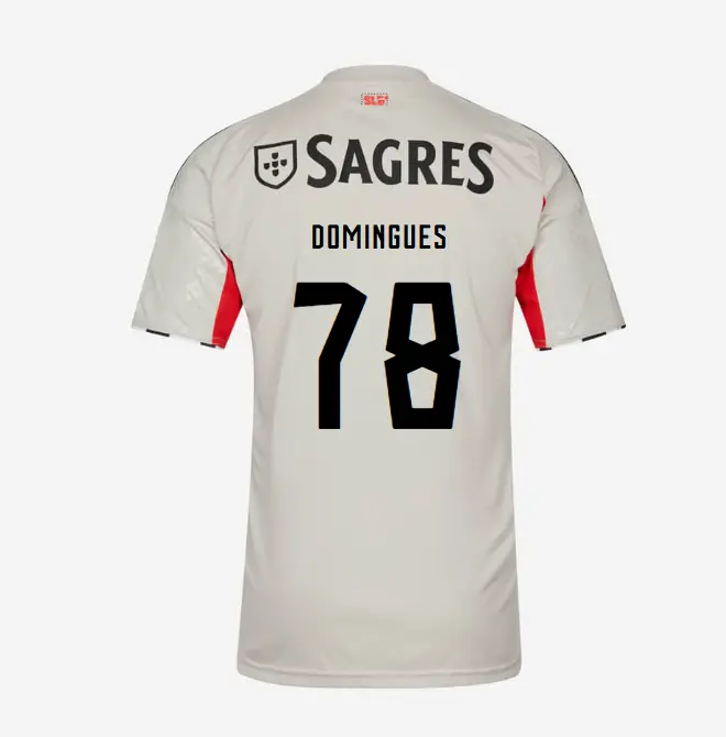 SL Benfica 2025-2026 Beige Away Jersey for Kids – 78 Francisco Domingues SL Benfica Collection - Official Online Store | SL Benfica Kits