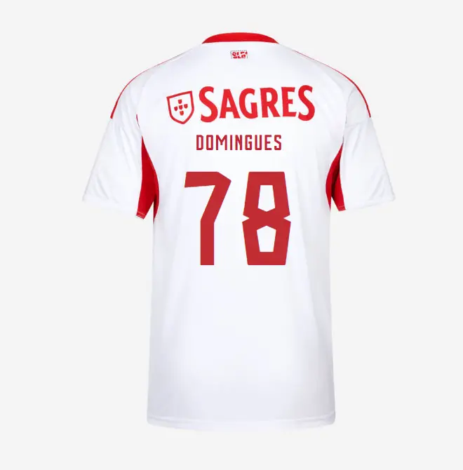 SL Benfica 2025-2026 White Away Jersey for Kids – 78 Francisco Domingues SL Benfica Collection - Official Online Store | SL Benfica Kits